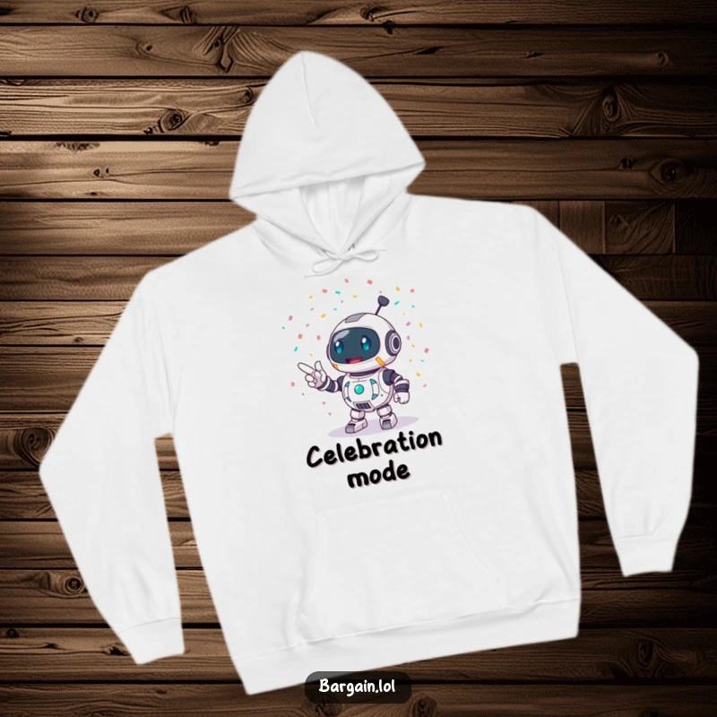 Funny hoodie with a round robot character enthusiastically pointing at a burst of confetti, offering warmth and festive cheer.