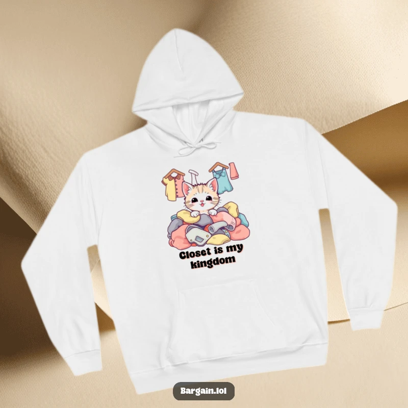 Funny kawaii kitten with a happy expression, emerging from a heap of colorful thrift store garments, perfect for cozy, stylish wear.