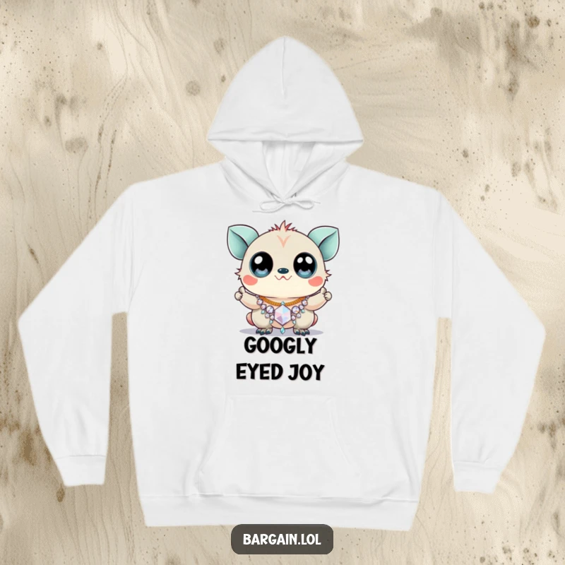 Funny hoodie showing a creature with massive googly eyes triumphantly holding a cheap, shiny necklace.