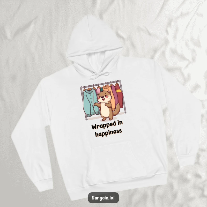 Funny Kawaii otter hoodie depicting a happy otter dancing near sweaters, ideal for cozy and humorous wear.