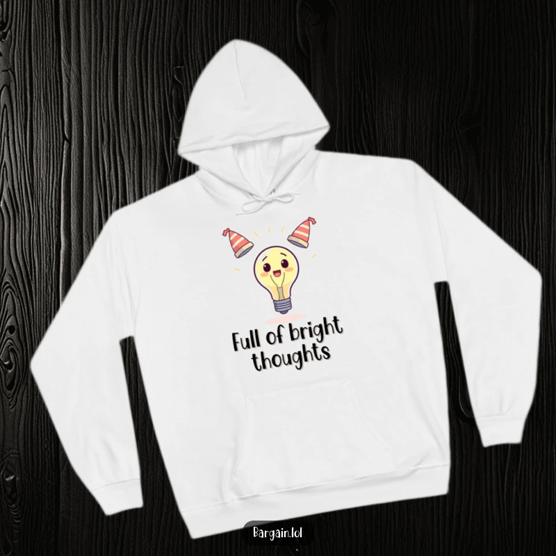 Funny surprised lightbulb hoodie, juggling three tiny wobbly hats, cozy and warm, representing creative flair, funny gift.