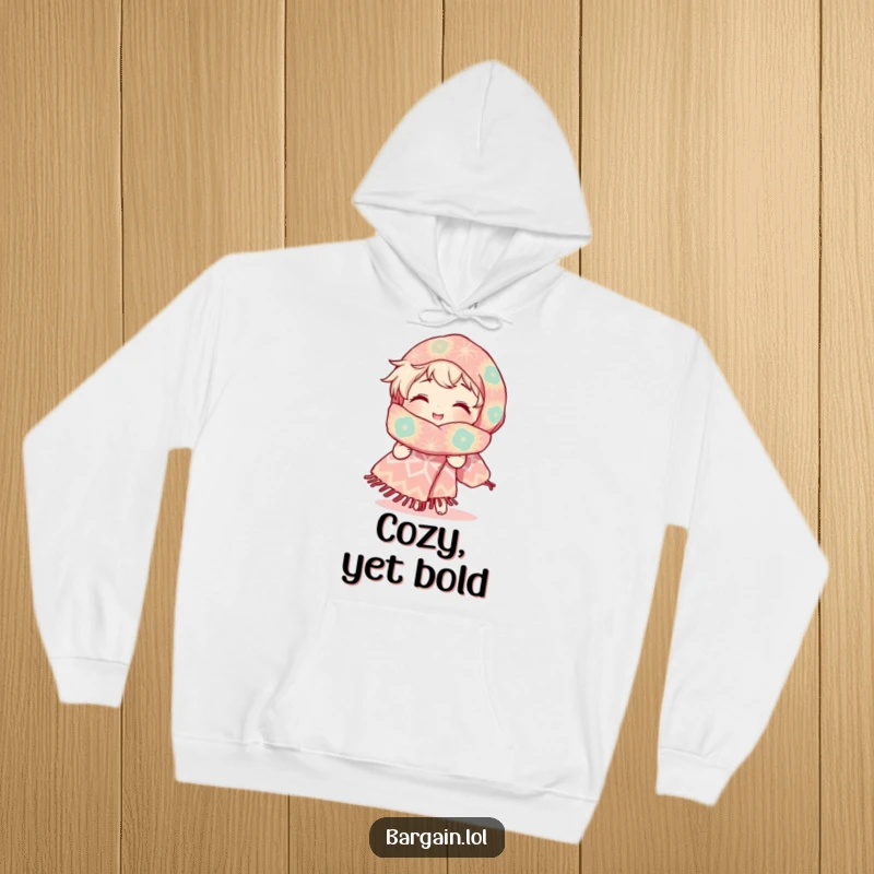 Funny hoodie depicting a character with a radiant smile, admiring an excessively large, uniquely patterned scarf, conveying cozy humor and style.