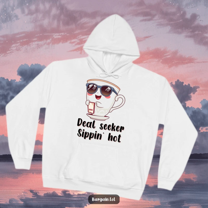 Funny giggling teacup wearing sunglasses and holding a tiny coupon clip on a hoodie. A humorous and cozy apparel choice.
