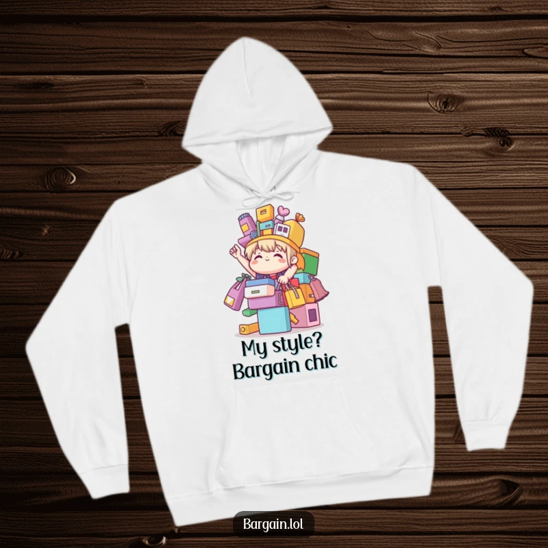 Funny cute character triumphantly balancing a colorful stack of mismatched bargain items, designed for warmth and humor on a hoodie.
