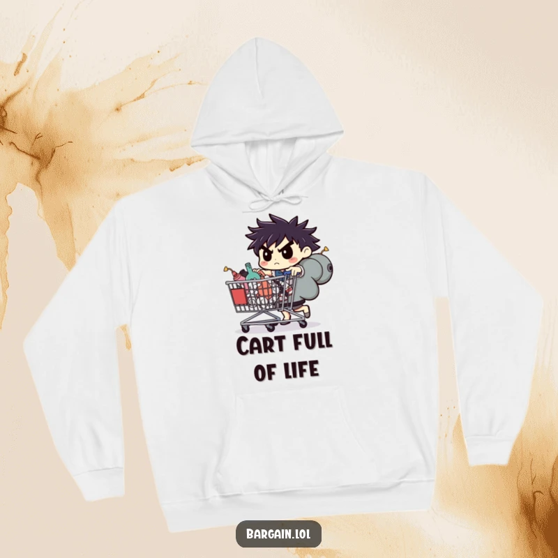 Funny hoodie, determined character pushing a large shopping cart full of bizarre items, cozy and humorous.