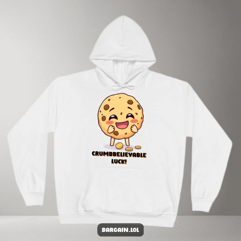 Funny cheeky cookie crumbling with laughter while holding a dropped coin on a hoodie. A humorous and cozy apparel choice.