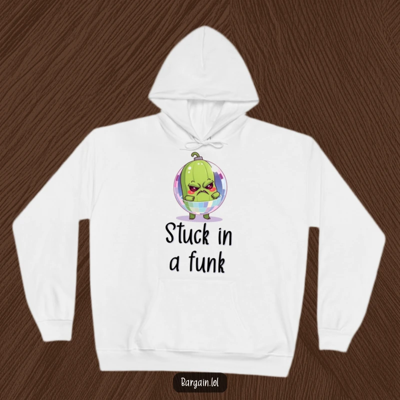 Funny hoodie featuring a grumpy pickle comically stuck inside a shimmering disco ball, perfect for cozy, humorous lounging.