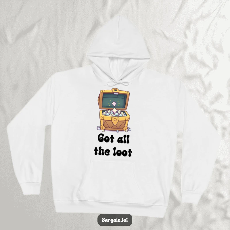 Funny hoodie showing a tiny sparkly gem being joyfully thrown into a treasure chest overflowing with gold and jewels, a symbol of fortune.