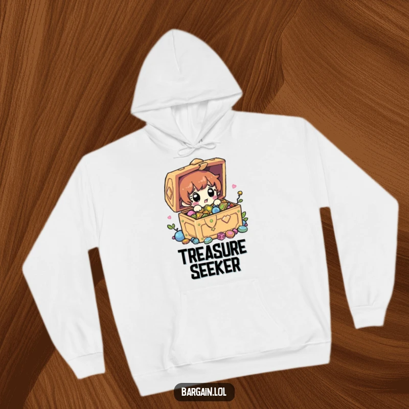 Funny hoodie depicting a surprised character finding a treasure chest full of shiny trinkets, offering comfort and humor. Wonderful gift.