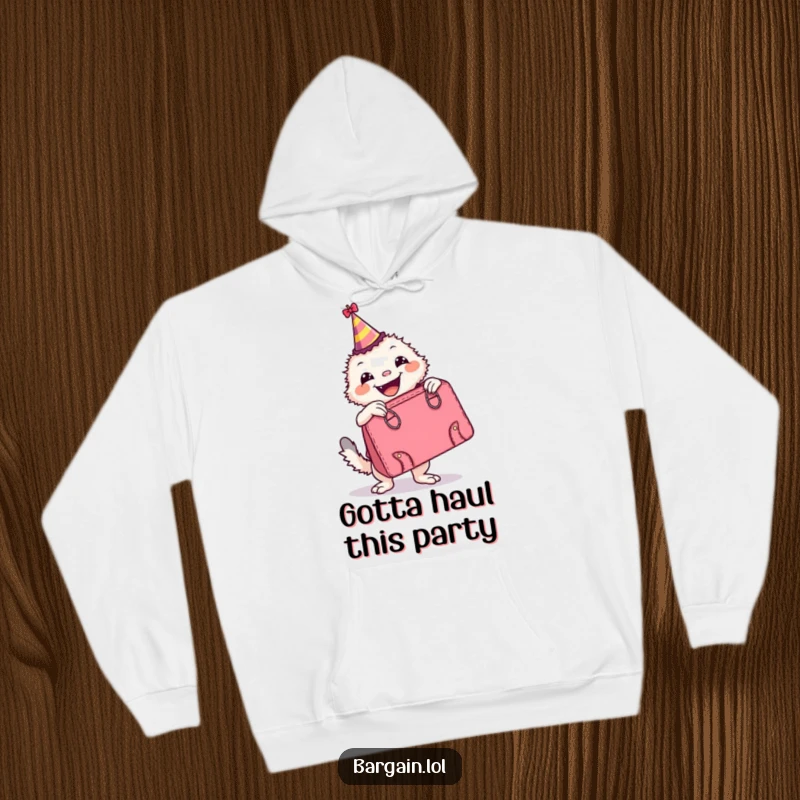 Funny Hoodie: A joyful creature in a party hat poses with an oversized, retro handbag, embodying festive fun and cozy style.