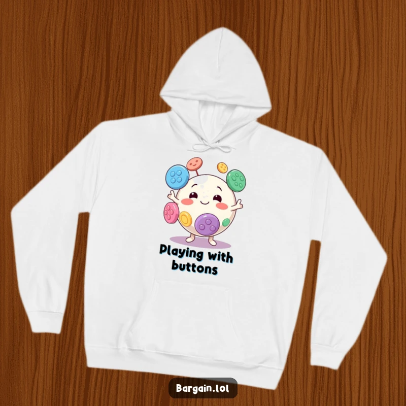 Funny hoodie featuring a spherical character with a big, goofy grin, juggling huge colorful buttons.