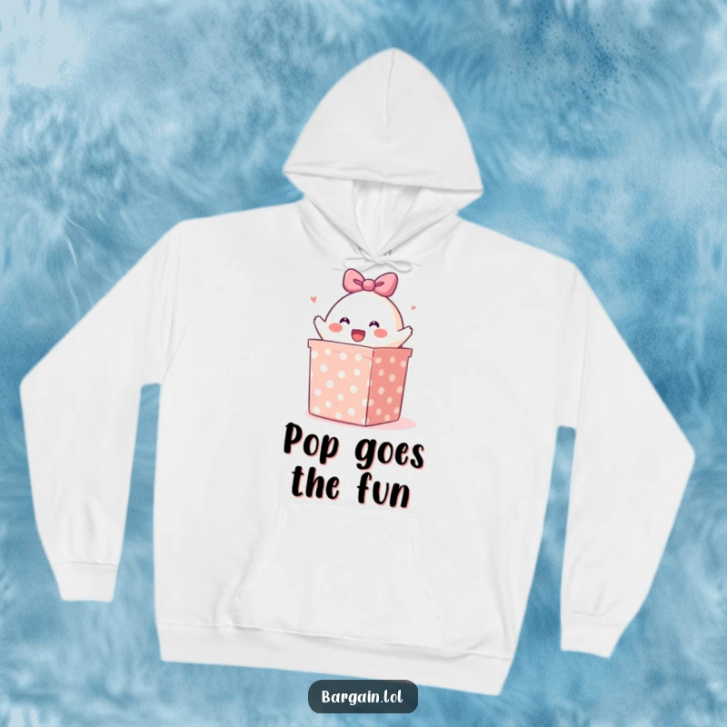 Funny hoodie: A cheerful blob character bursting energetically from a massive, polka-dotted gift box, full of humor.
