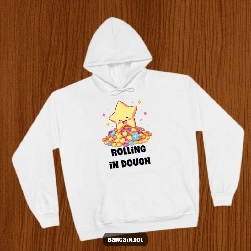 Funny hoodie showing a star character gleefully diving into a pile of colorful, shimmering coins, symbolizing success and happiness.