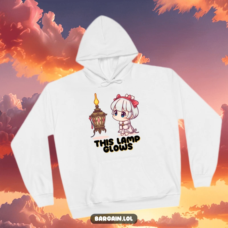 Funny hoodie with a character's curious head tilt examining a bizarre, ornate lamp, embodying cozy intrigue and style.