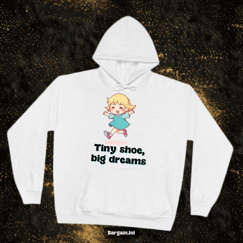 Funny hoodie with a character happily skipping, leaving glitter and wearing comically tight shoes, designed for cozy, cheerful wear.