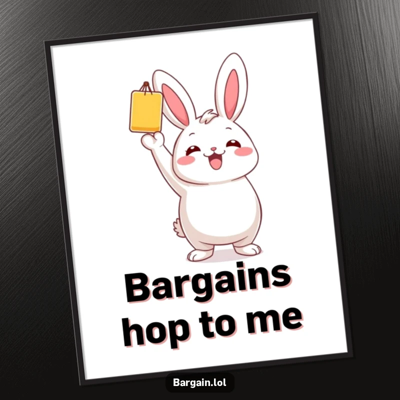 Funny Free Printable Wall Art: Chubby bunny character holds up a single, brightly colored bargain item in a triumphant pose.