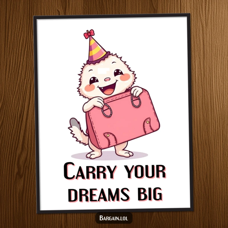 Funny Free Printable Wall Art: A delighted creature in a party hat poses with an oversized, retro handbag. Whimsical and fun wall decor.