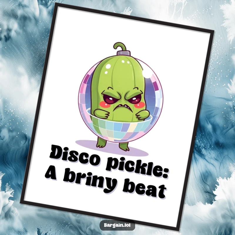 Funny free printable wall art of a grumpy pickle stuck in a disco ball, a scene of pure, sparkling mayhem.