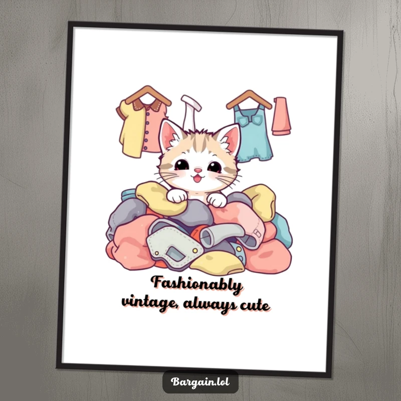 Funny Free Printable Wall Art: A delightful kawaii kitten with big eyes peeking happily from a colorful, jumbled pile of vintage thrift store clothing.