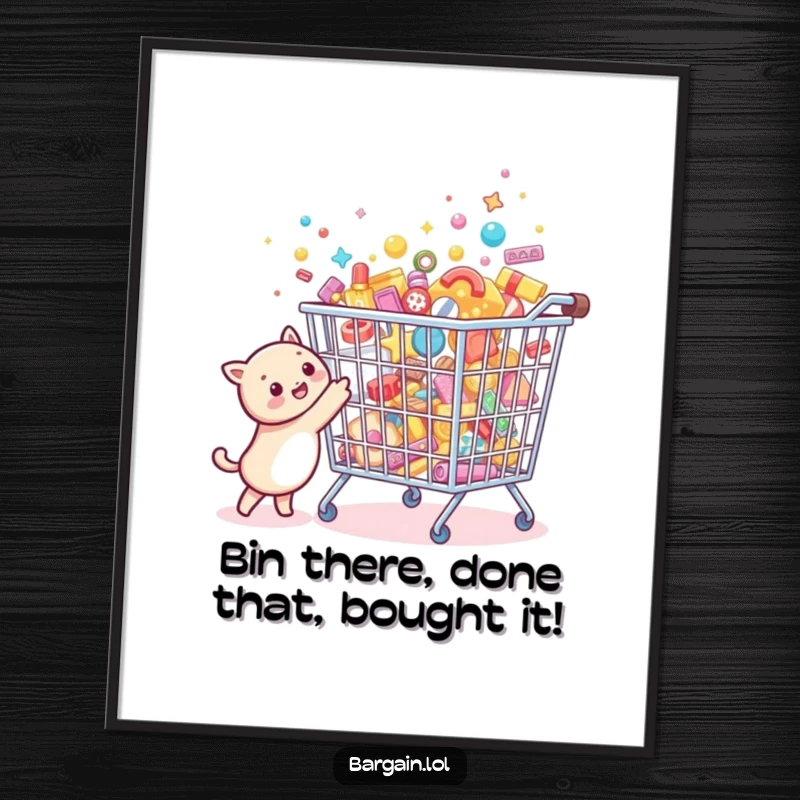 Funny Free Printable Wall Art: Tiny round creature joyfully points at an oversized sparkling bargain bin overflowing with tiny treasures, a celebration of finds.