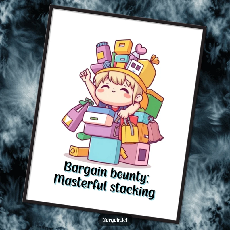 Funny free printable wall art of a character triumphantly balancing a stack of mismatched, colorful bargain items, celebrating finds.