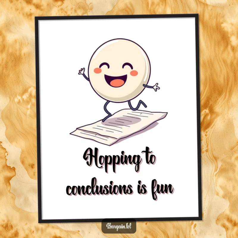 Funny Free Printable Wall Art: A cheerful button with legs hops gleefully over a discarded receipt, adding humor.