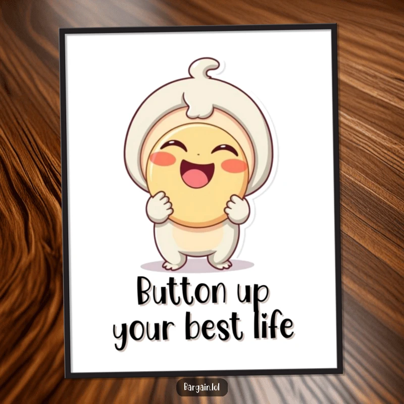 Funny Free Printable Wall Art: A tiny being with a huge smile proudly holds a comically large button, radiating happiness.
