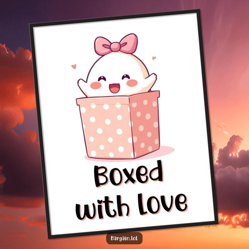 Funny Free Printable Wall Art: Cheerful blob character bursting out of a giant polka-dotted gift box, playful art.