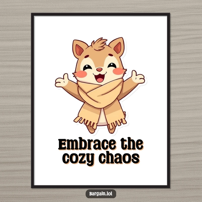 Funny Free Printable Wall Art: A beaming creature with open arms cuddles a fashionable, slightly worn scarf. Whimsical and cozy decor.