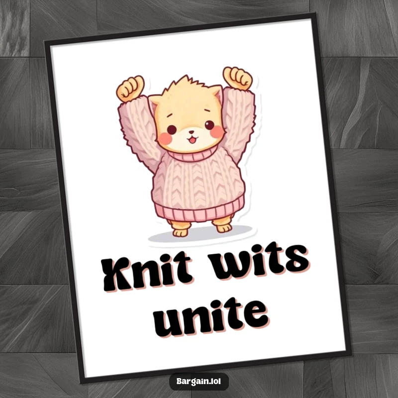 Funny Free Printable Wall Art: Small fuzzy friend triumphantly holding an oversized knitted sweater, warm and humorous wall decor.