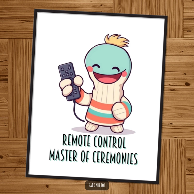 Funny Free Printable Wall Art: Grinning sock puppet victoriously holds a lost remote control, a humorous statement piece.