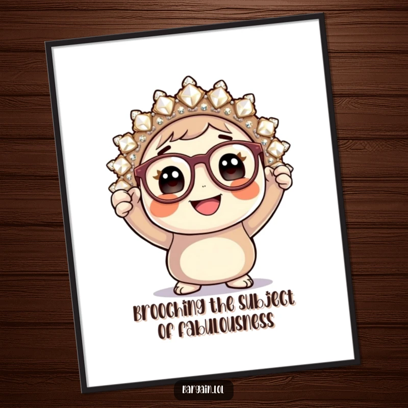 Funny Free Printable Wall Art: A cheerful character with glasses proudly holds a gigantic, shimmering brooch in this humorous art print.