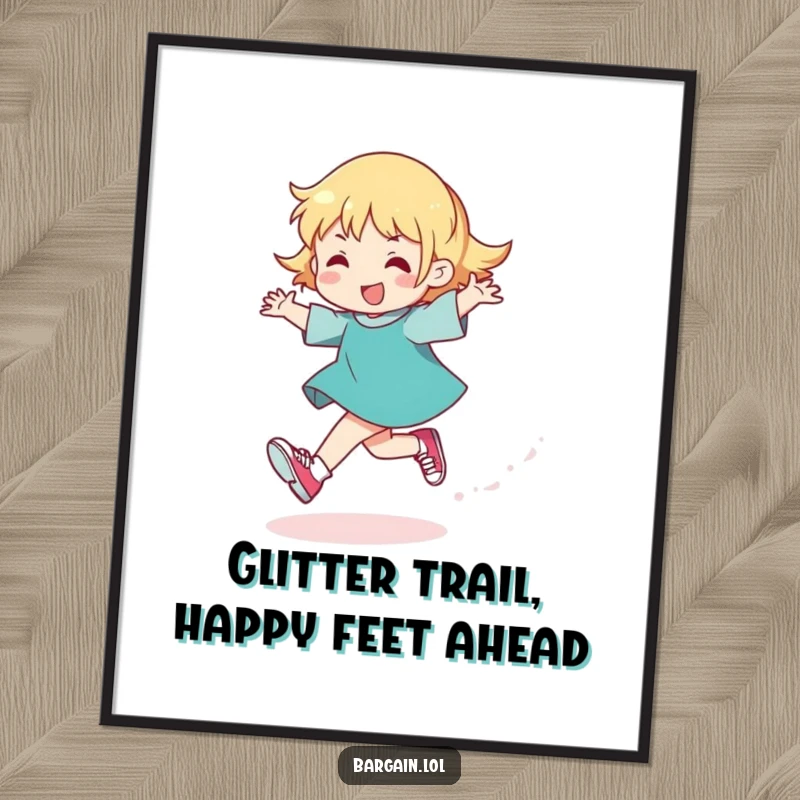 Funny Free Printable Wall Art: Character skipping with glitter and slightly-too-small shoes, a hilarious downloadable decor piece.