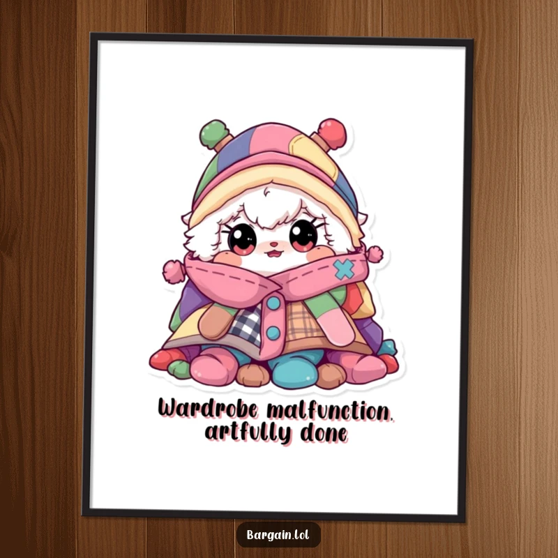 Funny Free Printable Wall Art: A fluffy character with huge eyes hides behind an overwhelming pile of mismatched, colorful clothing items.