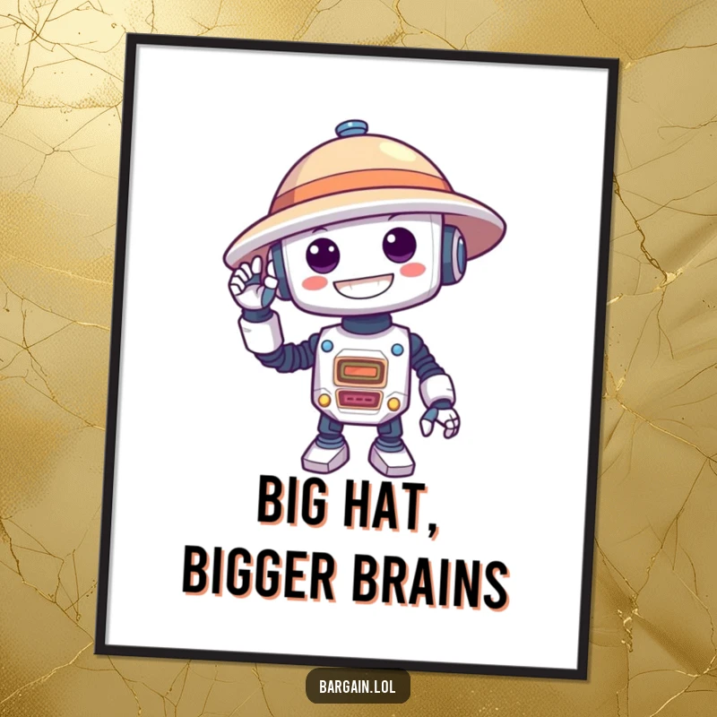 Funny Free Printable Wall Art: A robot with a wide grin joyfully trying on a massive hat, great downloadable art.