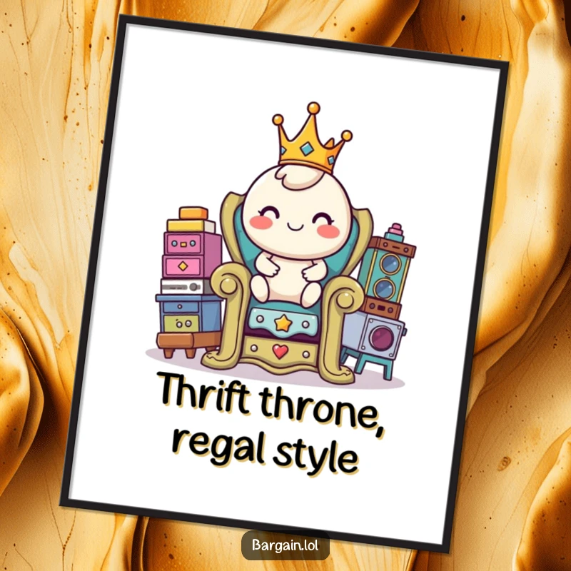 Funny Free Printable Wall Art: Cheerful round character wearing a small crown sits atop a throne constructed from thrift store items.