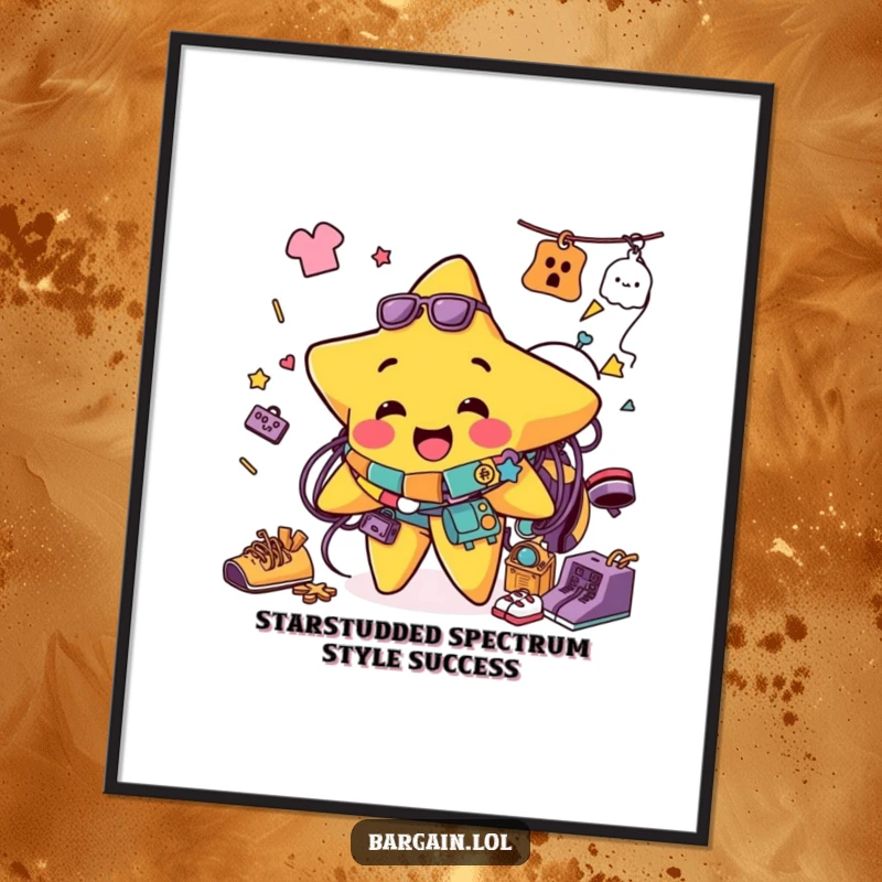 Funny Free Printable Wall Art: A cheerful star hilariously tangled in vibrant thrift finds, great downloadable art.