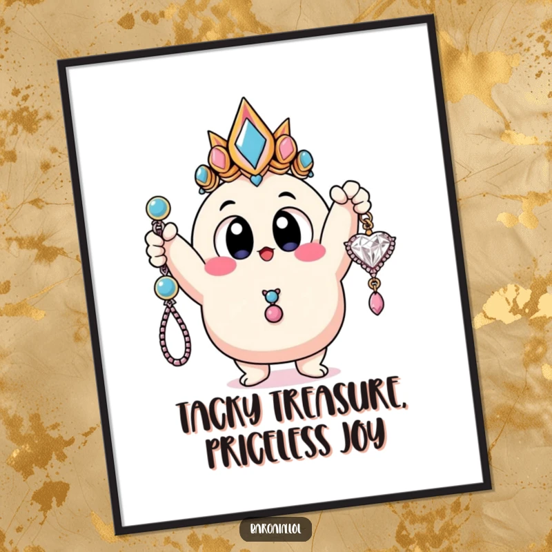 Funny Free Printable Wall Art: Blobby creature with huge eyes triumphantly holds a cheap, tacky piece of jewellery, unique decor.