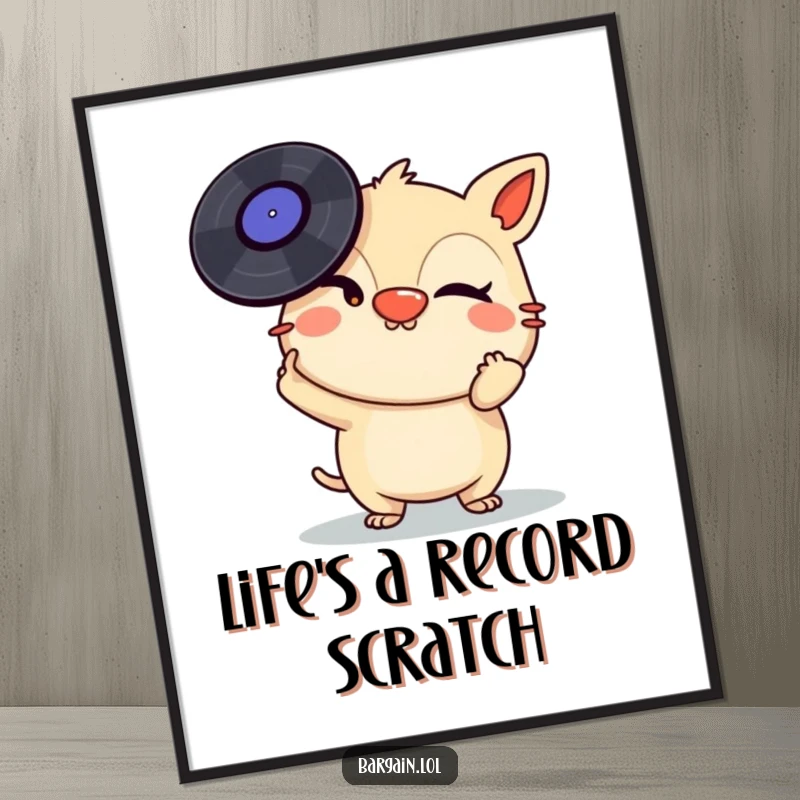 Funny Free Printable Wall Art: A mischievous creature winks while balancing a stack of vinyl records on its nose. Retro music art.