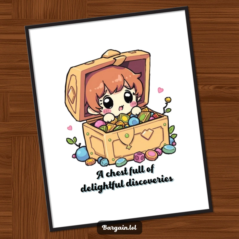 Funny Free Printable Wall Art: Character astonished by a hidden treasure chest overflowing with sparkling trinkets.