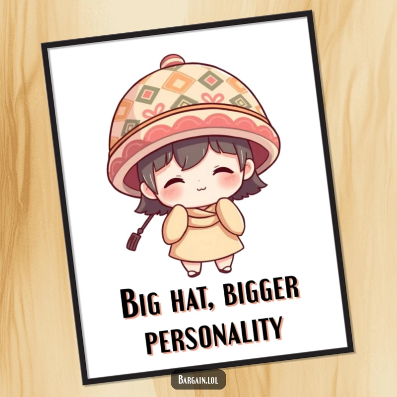 Funny Free Printable Wall Art: Character shyly beams while sporting an incredibly large and elaborately patterned hat, a visual delight.