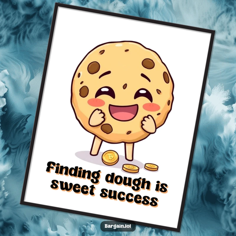 Funny Free Printable Wall Art: A cheeky cookie crumbles with laughter while clutching a newly found coin.