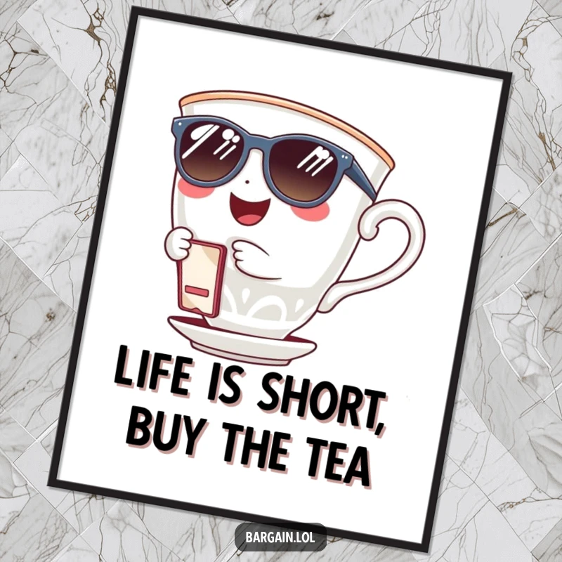 Funny Free Printable Wall Art: A giggling teacup wearing sunglasses holds a tiny coupon, looking effortlessly cool.