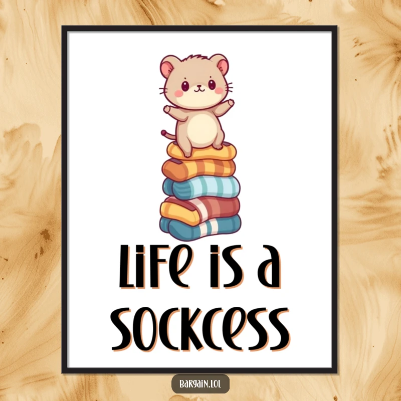 Funny Free Printable Wall Art of a small, determined critter balancing comically on a tall stack of various mismatched socks.
