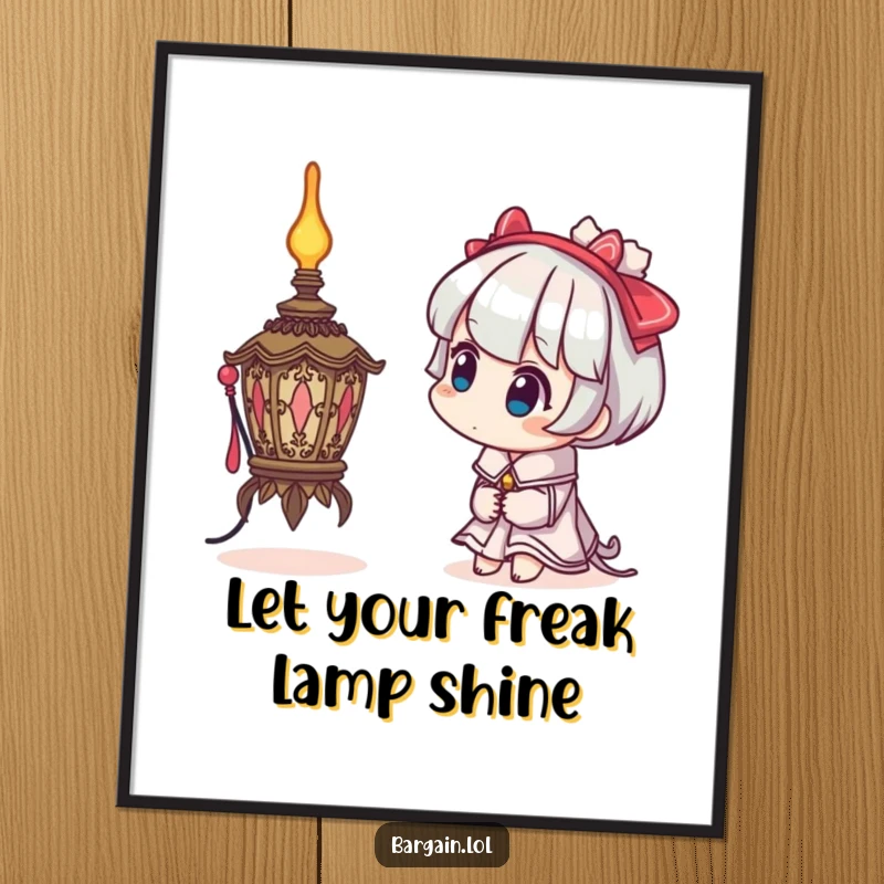 Funny Free Printable Wall Art: Character tilts head curiously, examining a bizarrely ornate, mysterious lamp.