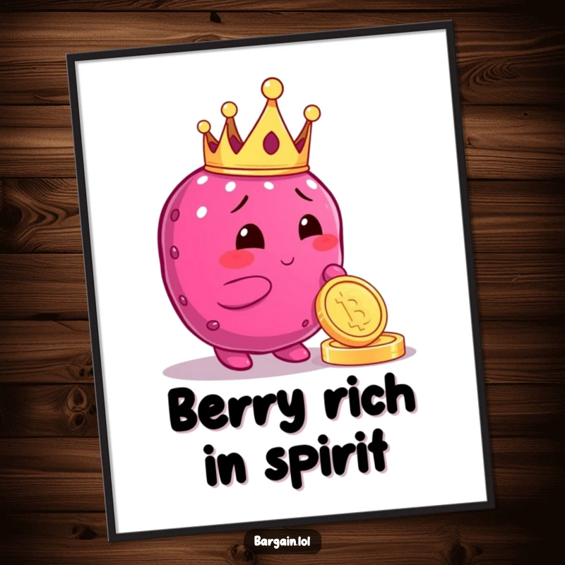 Funny Free Printable Wall Art: Plump berry character adorned with a crown, gleefully admiring a shiny coin.