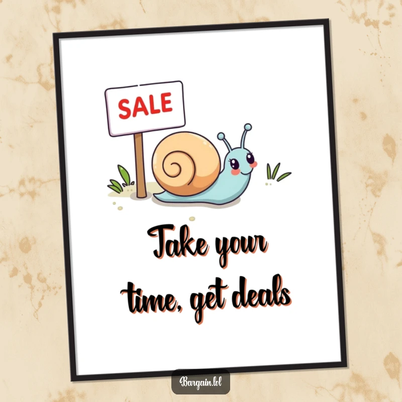Funny Free Printable Wall Art: A cheerful Kawaii snail slowly but surely rolls towards a prominent sale sign, radiating happiness.