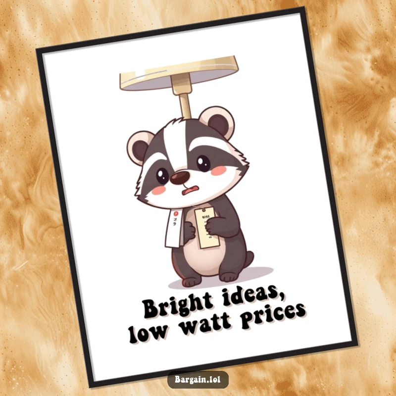 Funny Free Printable Wall Art: Kawaii badger is comically stunned by the low price tag on a brightly lit lamp.