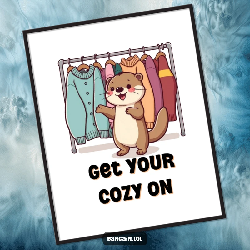 Funny Free Printable Wall Art: A Kawaii otter performs a delightful happy dance beside a rack filled with stylish sweaters.
