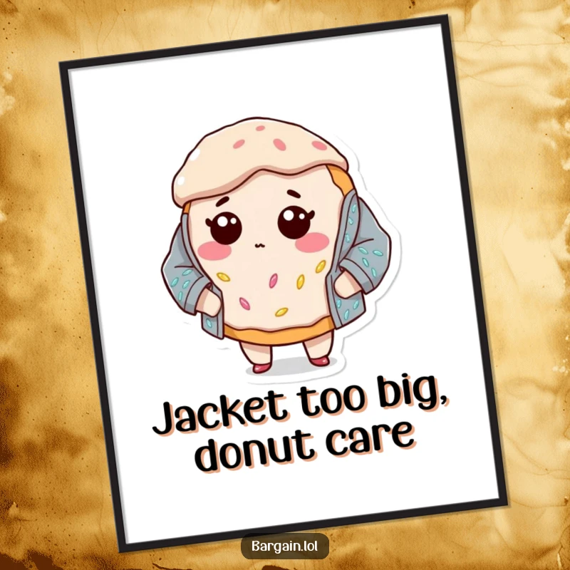 Funny Free Printable Wall Art: A bewildered donut character hilariously attempting to wear a ridiculously oversized, shimmering sequined jacket.